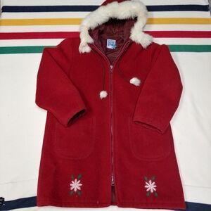 VTG Original Yukon Parka 100% Virgin Wool Red Coat White Fur Hood Womens 18